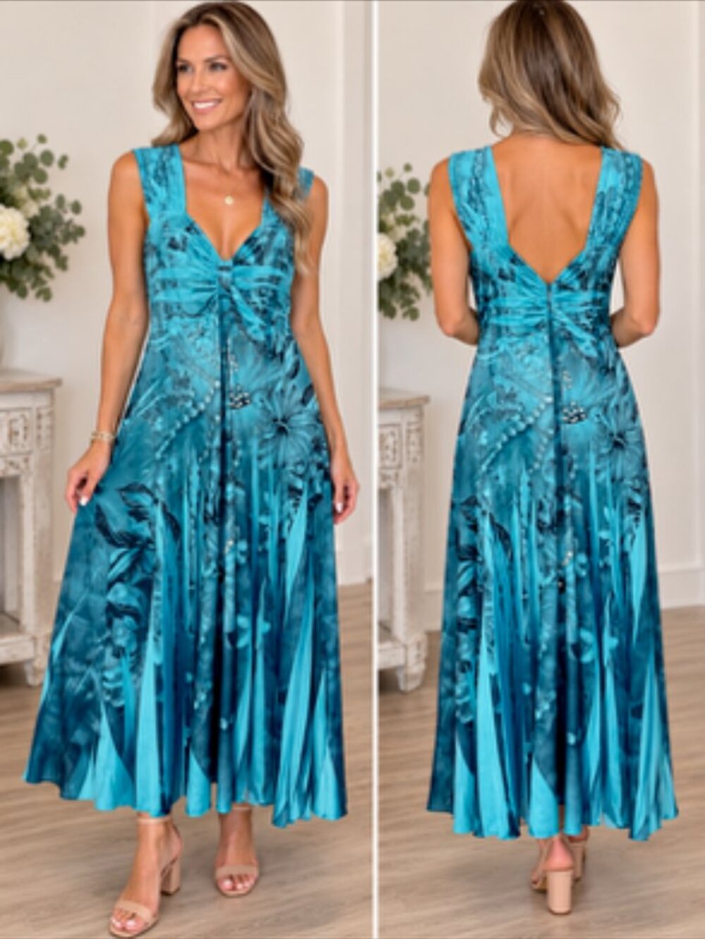 Turquoise Blue Printed Maxi Dress, Summer, vacations, parties